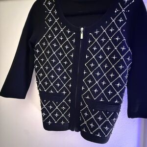 White House Black Market Black Beaded Zip-Front Cardigan